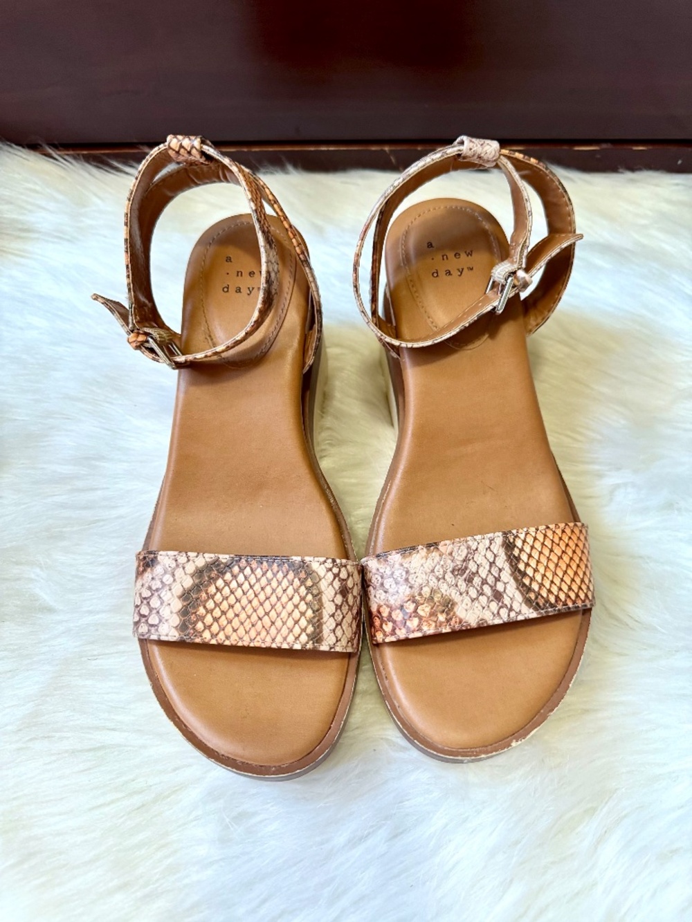 A New Day Snake Print Cork Platform Wedge Ankle Strap Sandals Size 7.5 - Picture 3 of 12